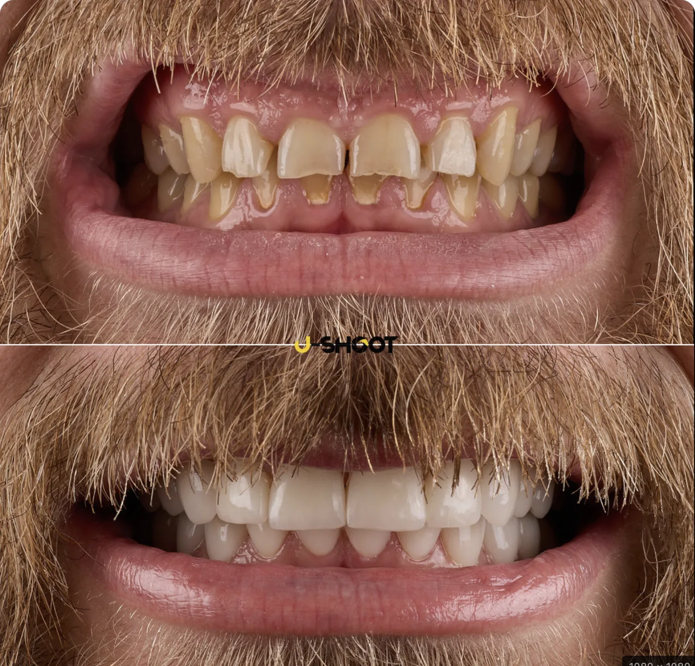 Avant/après d'un sourire en photographie dentaire, deux photos cadrées à l'identique — U-SHOOT