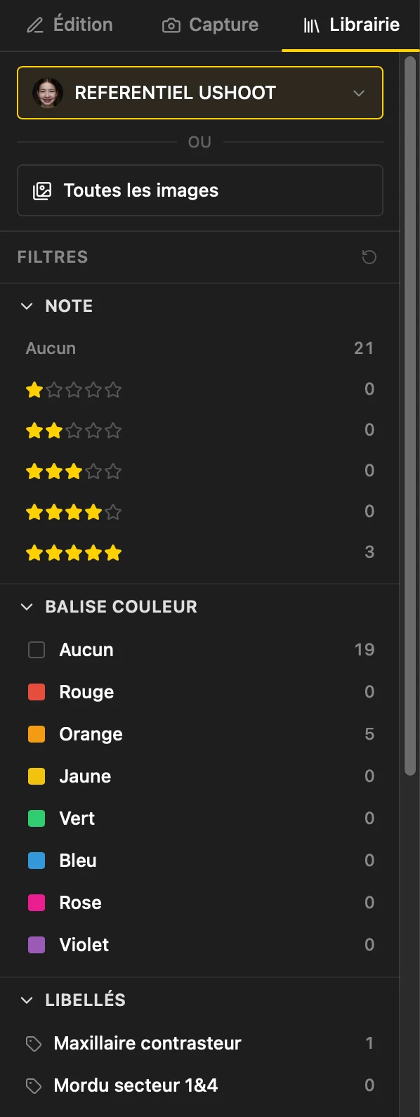 Panneau Librairie & filtres de tri de l'application USHOOT